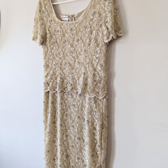 80s Beige Beaded Prom Dress Peplum Dress Floral Lace Formal Gown Vintage Dress - Picture 7 of 14
